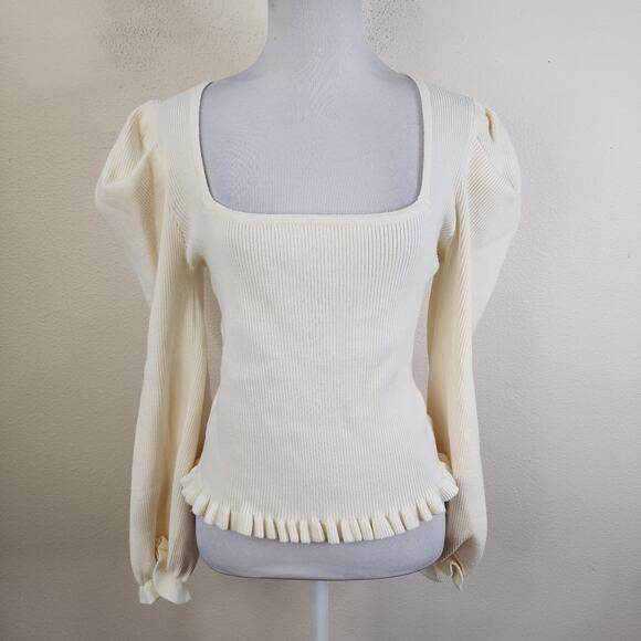 Gilli Sweaters - Gilli Women's Ivory Square Neck Ruffle Ribbed Sweater Size Medium Puff Sleeve